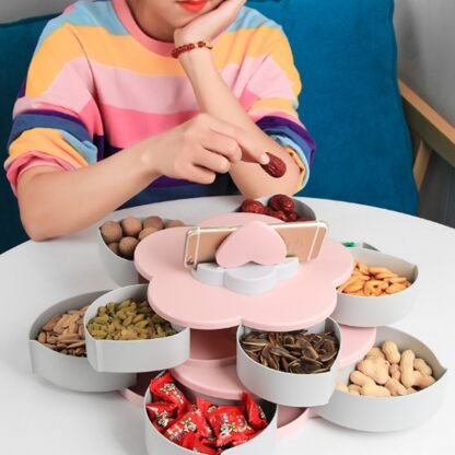 Snack Serving Tray, Double-deck Petal Rotating Dried Fruit Plate Snacks Storage Tray With Phone Holder