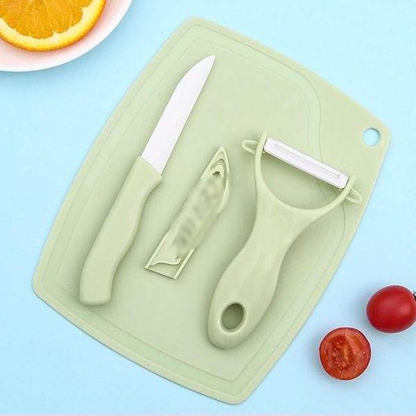 3 In 1 Ceramic Fruit Knife + Peeler + Chopping Board Set And Vagitable Cutting Set (multi Color)