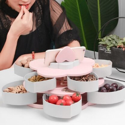 Snack Serving Tray, Double-deck Petal Rotating Dried Fruit Plate Snacks Storage Tray With Phone Holder