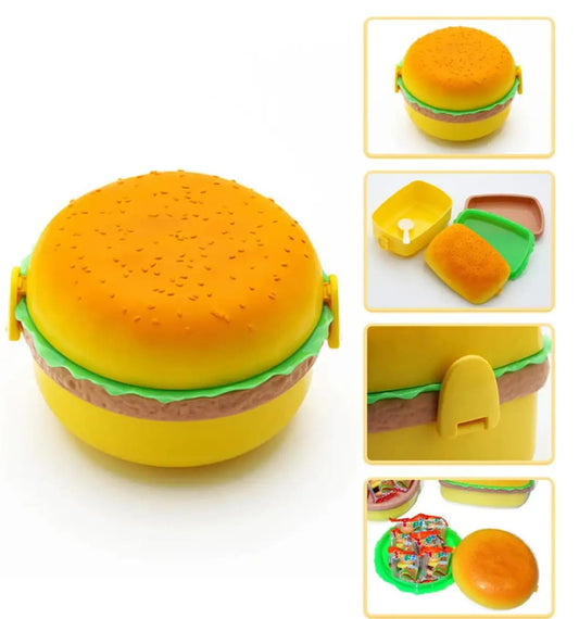 1 Pc Round Cute Burger Shape Lunch Box Perfect For School Kids Office Worker 3 Layer Container Box For Boys, Girls, School & Office Men