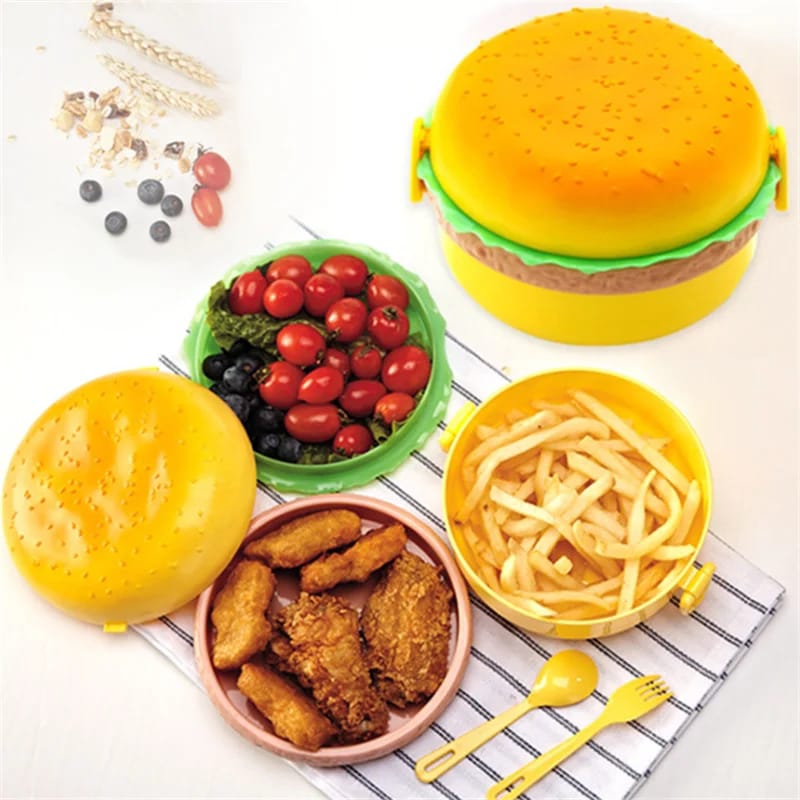 1 Pc Round Cute Burger Shape Lunch Box Perfect For School Kids Office Worker 3 Layer Container Box For Boys, Girls, School & Office Men