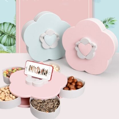 Snack Serving Tray, Double-deck Petal Rotating Dried Fruit Plate Snacks Storage Tray With Phone Holder