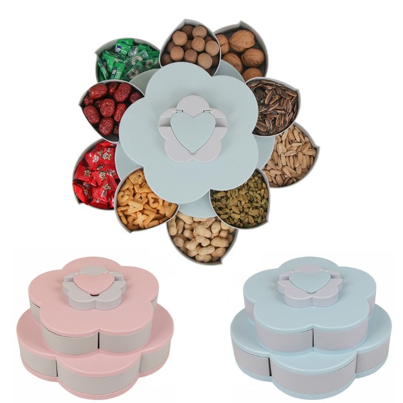 Snack Serving Tray, Double-deck Petal Rotating Dried Fruit Plate Snacks Storage Tray With Phone Holder